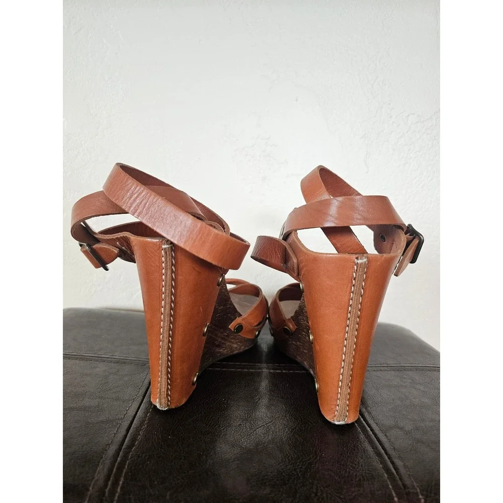 See by Chloe Ancle Wrap RivetLeather Brown Wooden Wedges Sandals sz EU 39 US 8.5